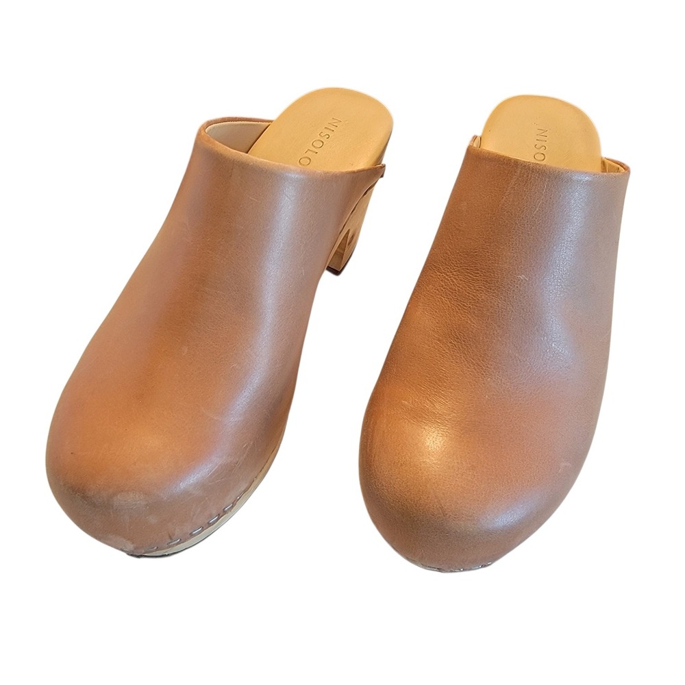 Nisolo Ama Mule Clogs Brandy Tan Leather Wooden Platform Block Heel Womens 6